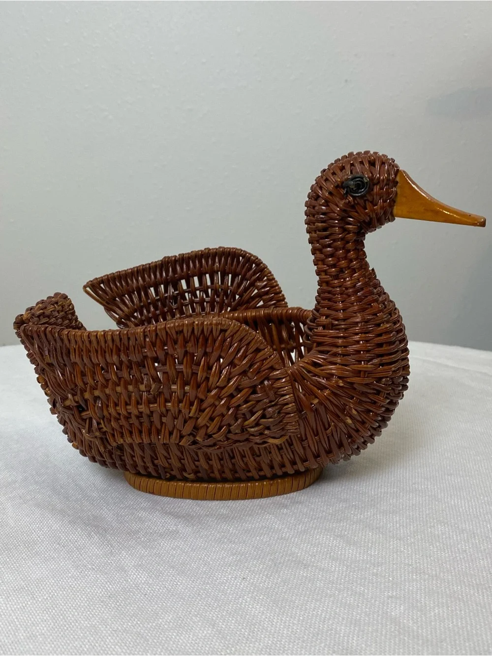 Vintage Wicker/Woven Duck with Wood Bill Basket